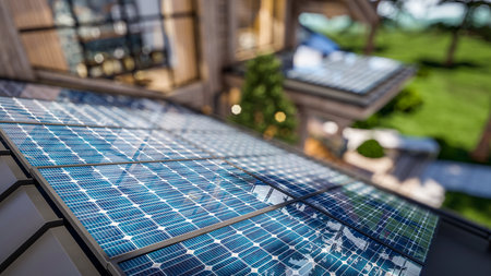 3d rendering of installation Solar panels on the roof of modern cozy chalet with pool and parking for sale or rent. beautiful forest mountains on backgroundの写真素材