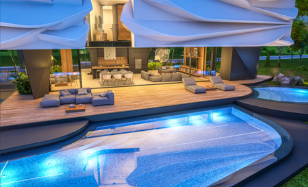 3d rendering of cute cozy modern house with bionic natural curves plastic forms with parking and pool for sale or rent with beautiful landscape. Clear summer night with many stars on the skyの写真素材