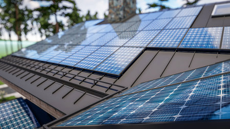 3d rendering of installation Solar panels on the roof of modern cozy chalet with pool and parking for sale or rent. beautiful forest mountains on backgroundの写真素材