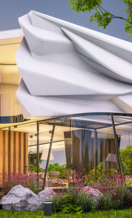 3d rendering of cute cozy modern house with bionic natural curves plastic forms with parking and pool for sale or rent with beautiful landscape. Clear summer evening with cozy light from windowの写真素材