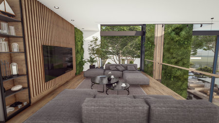 3d rendering of expensive cozy interior with green walls with living dining zone stair and kitchen...