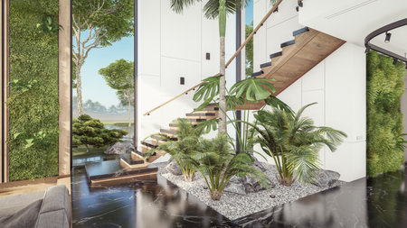 3d rendering of expensive cozy interior with green walls with living dining zone stair and kitchen...