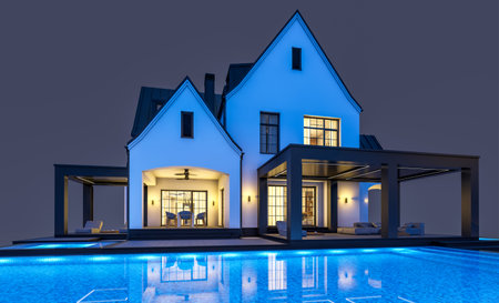 3d rendering of cute cozy white and black modern Tudor style house with parking and pool for sale or rent with beautiful landscaping. Fairy roofs. In the night Isolated on blackの写真素材