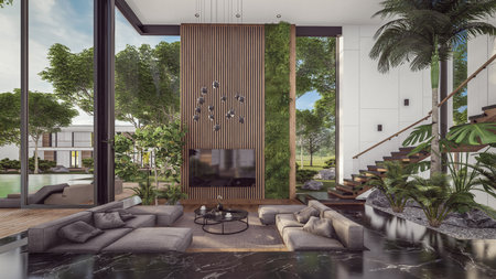 3d rendering of expensive cozy interior with green walls with living dining zone stair and kitchen...