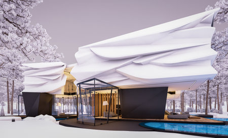 3d rendering of cute cozy modern house with bionic natural curves plastic forms with parking and pool for sale or rent with beautiful landscape. Cool winter evening with cozy light from windowsの写真素材