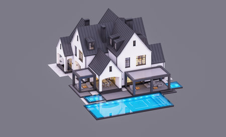 3d rendering of cute cozy white and black modern Tudor style house with parking and pool for sale or rent with beautiful landscaping. Fairy roofs. In evening Isolated on grayの写真素材