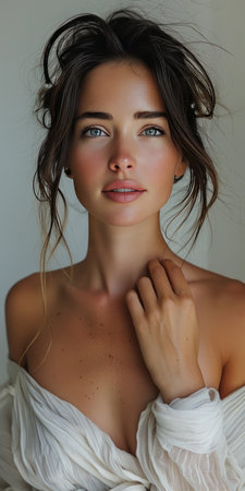 Portrait of a beautiful young brunette woman with long hair.の素材