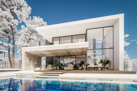 3d rendering of flat roof house with parking and pool for sale or rent with concrete facade and...