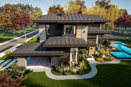 3d rendering of modern two story house with gray and wood accents, large windows, parking space in the right side of the building, surrounded by trees and bushes, daylight in autumn dayの写真素材