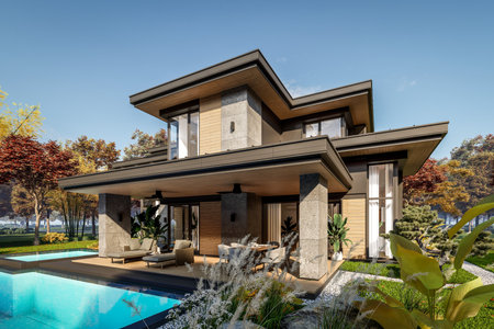 3d rendering of modern two story house with gray and wood accents, large windows, parking space in the right side of the building, surrounded by trees and bushes, daylight in autumn dayの写真素材