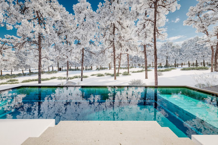 3d rendering of flat roof house with parking and pool for sale or rent with concrete facade and beautiful landscaping on background. Cool winter day with shiny white snow.の写真素材