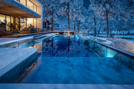 3d rendering of flat roof house with parking and pool for sale or rent with concrete facade and beautiful landscaping on background. Cool winter night with stars and snow in the skyの写真素材