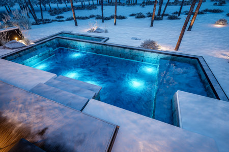 3d rendering of flat roof house with parking and pool for sale or rent with concrete facade and beautiful landscaping on background. Cool winter night with stars and snow in the skyの写真素材