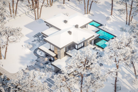 3d rendering of modern two story house with gray and wood accents, large windows, parking space in the right side of the building. Cool winter day with shiny white snowの写真素材