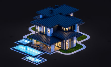 3d rendering of modern two story house with gray and wood accents, large windows, parking space in the right side of the building in night isolated on blackの写真素材