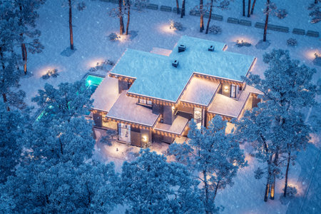 3d rendering of modern two story house with gray and wood accents, large windows, parking space in the right side of the building. Christmas garlands in New Year holidaysの写真素材