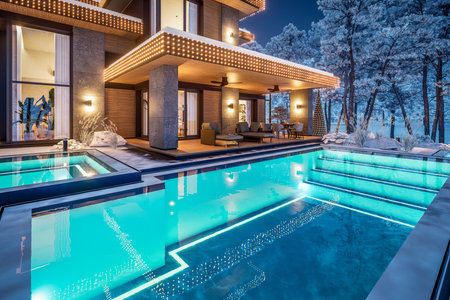 3d rendering of modern two story house with gray and wood accents, large windows, parking space in the right side of the building.の写真素材