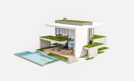 3d rendering of flat roof house with parking and pool for sale or rent with concrete facade and beautiful landscaping on background. Isolated on whiteの写真素材