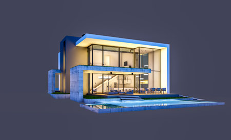 3d rendering of flat roof house with parking and pool for sale or rent with concrete facade and beautiful landscaping on background. In night isolated on blackの写真素材