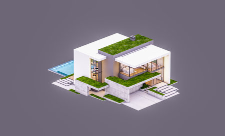 3d rendering of flat roof house with parking and pool for sale or rent with concrete facade and beautiful landscaping on background. In the evening. Isolated on grayの写真素材