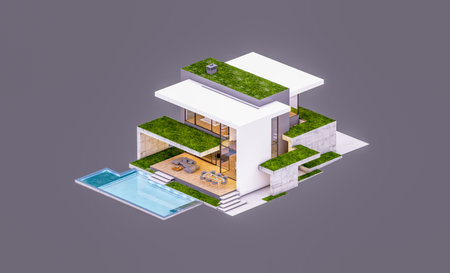3d rendering of flat roof house with parking and pool for sale or rent with concrete facade and beautiful landscaping on background. In the evening. Isolated on grayの写真素材