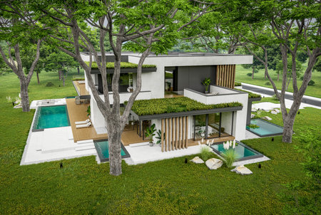 3d rendering of two-story house with parking and pool for sale or rent with concrete facade and...