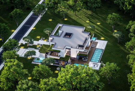 3d rendering of two-story house with parking and pool for sale or rent with concrete facade and beautiful landscaping. Clear summer evening with cozy light from windowの写真素材