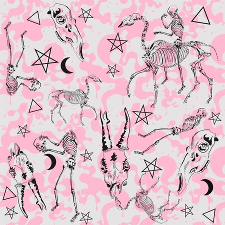 Mystic symbols in seamless pattern. Skeletons, bones and skuls in pink fog.のイラスト素材