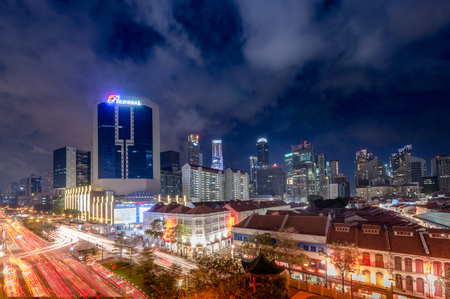 SINGAPORE -NOV 28 : Night view of old buildings of Chinatown with shophouses in new year festival.のeditorial素材