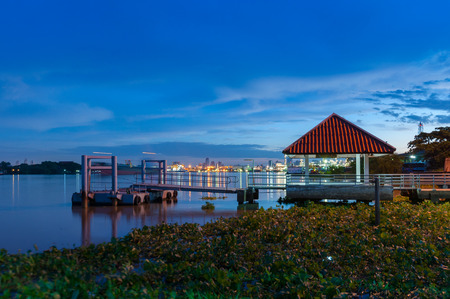Thai pier by Chaopraya river in morningの写真素材