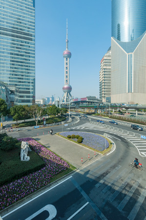 SHANGHAI, CHINA - DECEMBER 31, 2016: Shanghai cityscape with Oriental Pearl Tower which opened on May 28, 2012 in Shanghai, China. The tower was the tallest structure in China excluding Taiwan from 1994-2007 and the landmark of Shanghai.のeditorial素材