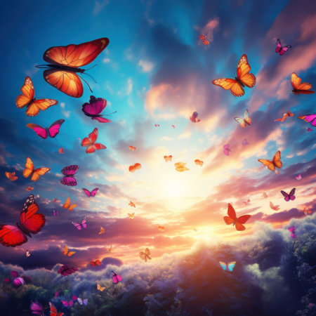 Colorful butterflies flying over green meadow with flowers and blue sky AI Generativeの素材