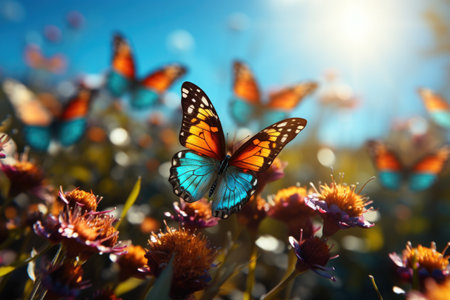 Colorful butterflies flying over green meadow with flowers and blue sky AI Generativeの素材