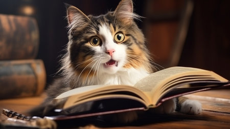 Tricolor cat lying on a book and looking at the camera AI Generativeの素材