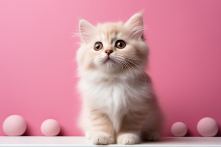 Cute kitten and easter eggs on pink background, closeupの素材