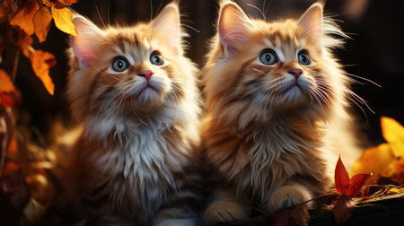 Two beautiful red kittens in autumn leaves on dark background, closeupの素材