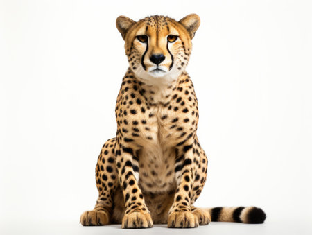 Close-up portrait of Cheetah in front of a white background with copy space. Studio shot.の素材
