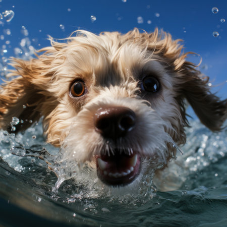 Portrait of a happy golden retriever swimming in the pool, splashing in the waterの素材