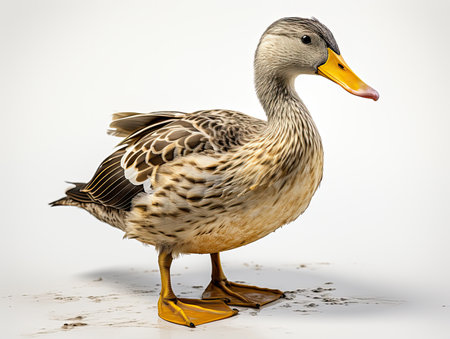 Female mallard duck isolated on a white background. Studio shot.の素材
