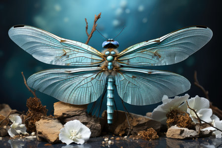 Blue dragonfly with flowers on a dark background. 3d renderの素材