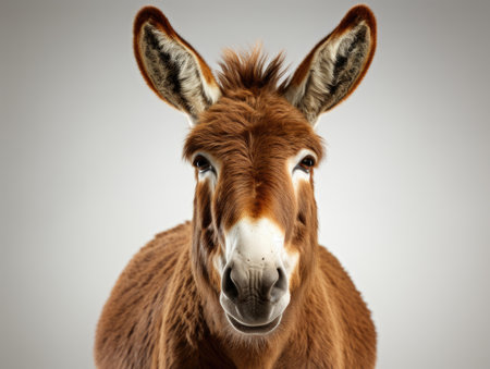 Portrait of a donkey on a gray background. Close-up.の素材