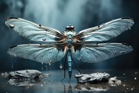 blue dragonfly on a dark background with water drops. 3d renderingの素材