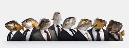 Group of business people with heads in the form of a fish.の素材