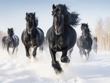Beautiful black friesian horses galloping in snowdrift in winter.の素材
