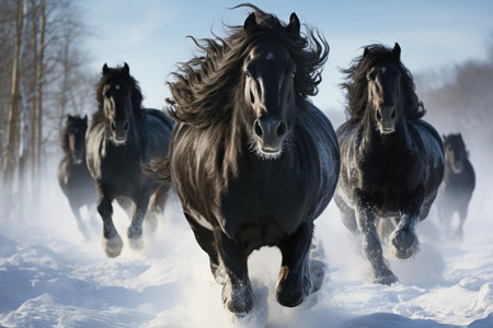 Black friesian horses running in the snow in winter, Czech Republic, Europeの素材