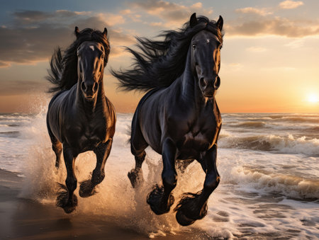 Two black friesian horses galloping on the beach at sunset. 3d renderingの素材