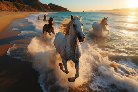White arabian horses running on the beach at sunset. Horses in the seaの素材