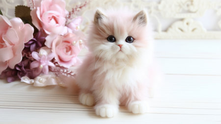 Cute persian kitten on white wooden table with flower background.の素材