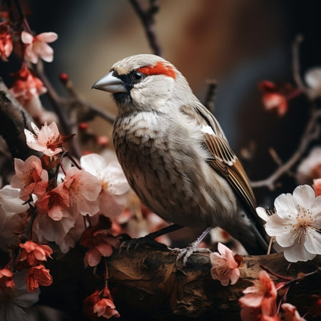 A redpoll sits on a branch of a blossoming tree.の素材