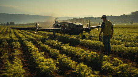 Farmer spraying pesticides on a field of lettuce with a harvesterの素材